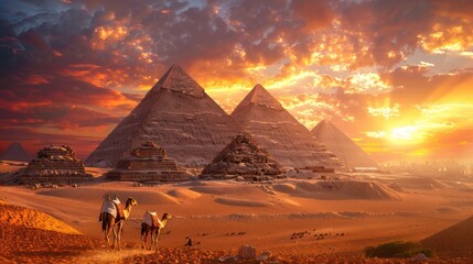 Sunset Over Desert Pyramids with Passing Camels