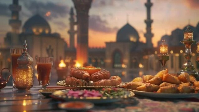 Delicious food for breaking the ramadan fast on a table in the mosque courtyard at evening. seamless timelapse looping 4k video animation background