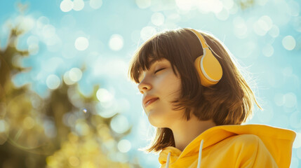 Fototapeta premium Cute young girl in yellow hoodie and big headphones on blue background 