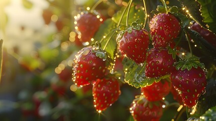 Glistening droplets of dew clinging to the surface of a cluster of freshly-picked strawberries, their deep red hue intensified by the morning sun.