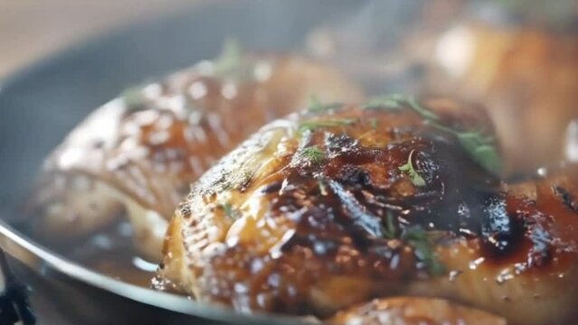 roasted chicken served with a mouthwatering gravy, Closeup of a pan filled with sizzling organic chicken, chicken broast, made with Ai generative technology, stock video