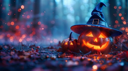 Halloween background mock-up with pumpkins and witch hat. Halloween concept mockup - Powered by Adobe