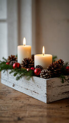 christmas still life with candle and decorations