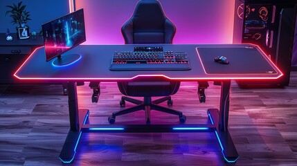 A computer desk with a keyboard and a monitor