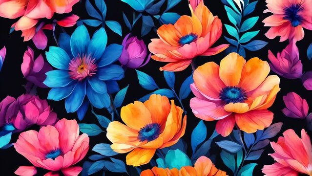 Beautiful floral pattern with colorful watercolor flowers on a black background