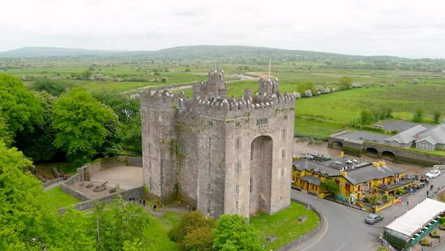 Bunratty Castle, aerial view of the large 15th-century tower house in County Clare, located in the center of Bunratty village, between Limerick and Ennis, Ireland.