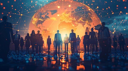 A digital illustration of a business network concept with a crowd and global map background, people standing in a group. Business technology for connecting various individuals to form international