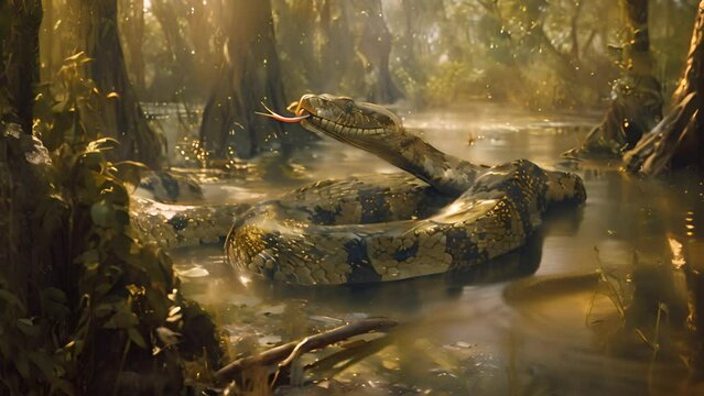 Large Snake in Sunlit Swamp Water with Ai generated.
