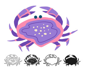 Sea crab cartoon hand drawn sign set. Ocean crab with claws swimming animal funny flat silhouette, symbol icon linear design. Comic exotic drawing for children. Stylized marine art vector illustration