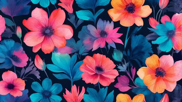 Beautiful watercolor floral pattern featuring pink, orange, blue, and purple flowers on a dark background