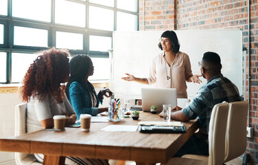 Presentation, meeting and business people in office for brainstorming, planning and discussion. Diversity, creative agency and men and women with whiteboard for teamwork, feedback and collaboration