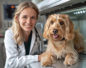 Female veterinarian smiling with a happy dog on an examination table in a modern veterinary clinic.