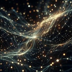 Fototapeta premium Intricate Synthetic Connected Abstract Labyrinth Web Network of Glowing Light Star Dots & Thin Shimmering Yellow White Brain Lines Across a Black Background. Interconnectedness Research Essence Living