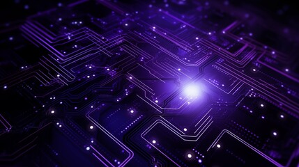 Obraz premium Glowing Purple Circuit Board with Complex Electronic Pathways and Connections.