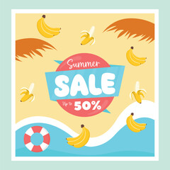 Naklejka premium Summer sale banner vector illustration. pattern banana fruit and beach poster sale concept.hello summer sale