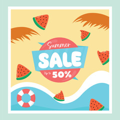 Summer sale banner vector illustration. pattern watermelon fruit and beach poster sale concept.hello summer sale