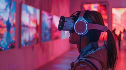 Futuristic art gallery with interactive AI exhibits, visitors using augmented reality glasses to experience art