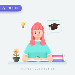 Pink Haired Woman Studying Preparing for the Exams. 3D Style Vector Illustration