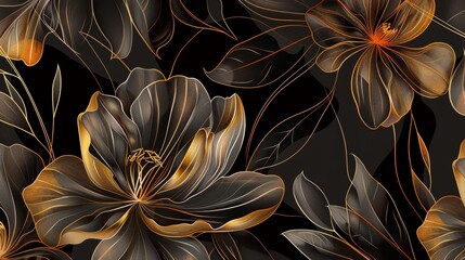Elegant dark floral illustration with golden accents, showcasing sophisticated and intricate flower patterns on a black background.