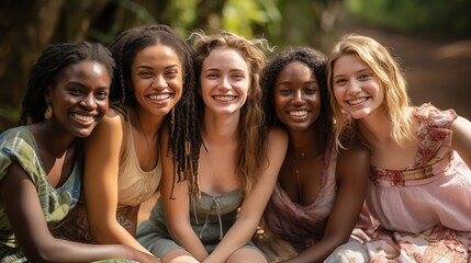 Fototapeta premium Happy Young Women Posing Outdoors. Group of young women posing happily together in an outdoor setting, reflecting friendship, joy, and unity.