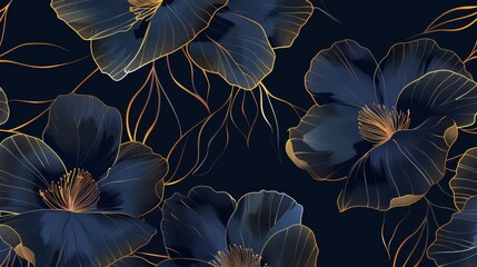 Elegant dark floral pattern with blue and gold accents, showcasing artistic design and stylish decoration.