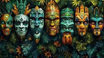 Obraz premium The background pattern features yellow, green, and blue tribal masks. The bright colors and intricate designs of the masks create a lively and cultural backdrop.