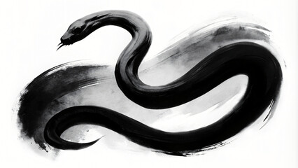 Naklejka premium A black serpent illustration, with a focus on the contrast between the black creature and the white background in brush painting style