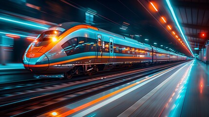 High-speed train in motion. High-speed train racing through a brightly lit underground station, with a sleek and modern design.