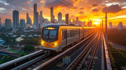 Naklejka premium Metro train at sunrise in cityscape. Metro train traveling on elevated tracks at sunrise, with a cityscape of skyscrapers in the background.