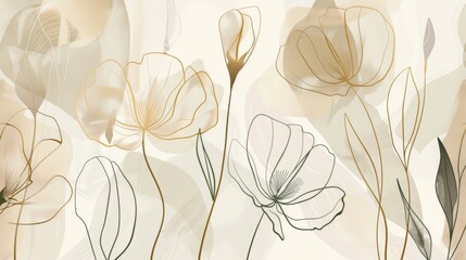Elegant abstract floral background with delicate line art flowers in soft earth tones, ideal for decor, design, or invitation use.