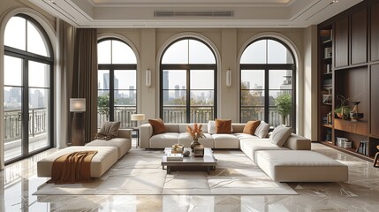 Elegant Living Room with Panoramic City Views. Luxurious living room featuring elegant furnishings, large arched windows, and panoramic city views, creating a sophisticated and spacious atmosphere.