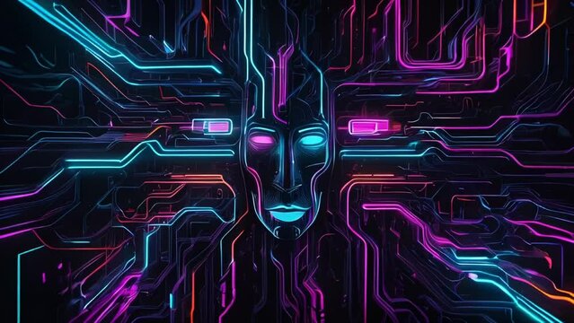 Abstract background featuring neon circuitry with a face and glowing lines