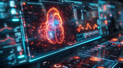 Obraz premium Advanced Biomedical Data Analysis Interface. High-tech interface showing advanced biomedical data analysis, with glowing displays and detailed cellular information on screens.