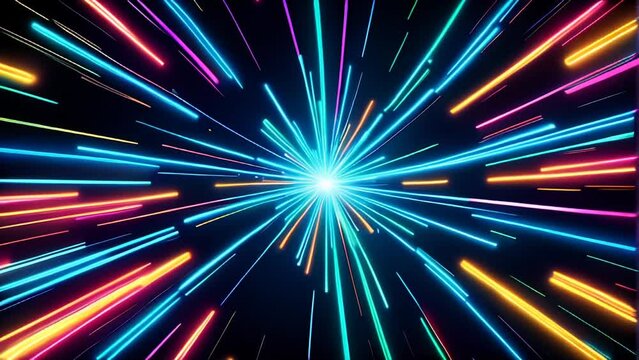 Abstract animation of neon light streaks moving towards a bright center