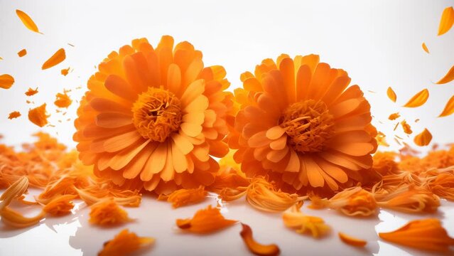 Two vibrant orange marigolds lying on a white surface, surrounded by scattered petals. The bright orange hues and lush petals evoke a sense of energy and vitality.