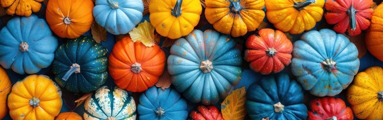 Colorful Autumn Vegetables for Thanksgiving: Top View of Fresh Blue Mini Hokkaido Edible Pumpkins on Orange Background Banner - Powered by Adobe