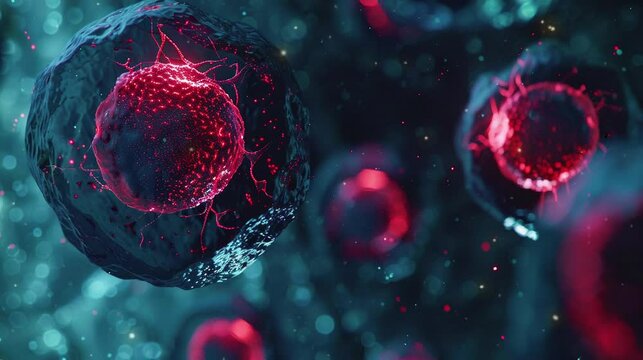 Close up of abstract red cell molecule with dark background video footage, biology, science