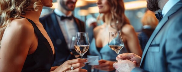 Elegant couple toasting with champagne at a party.
