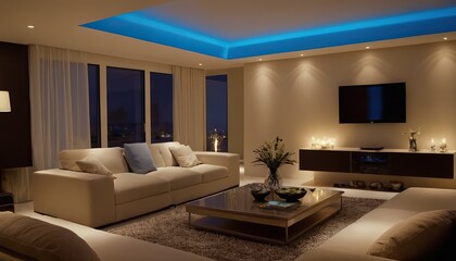 Fototapeta premium Modern luxury bed room apartment with bright blue light