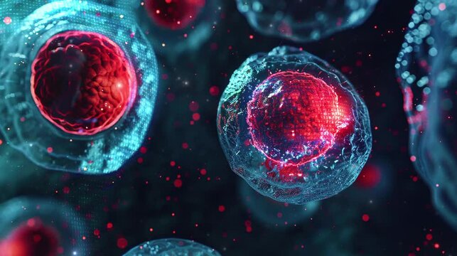 Close up of abstract red cell molecule with dark background video footage, biology, science