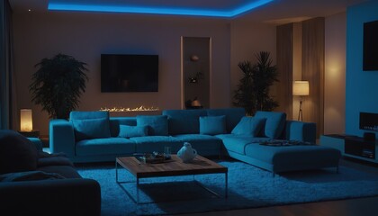 Modern luxury bed room apartment with bright blue light