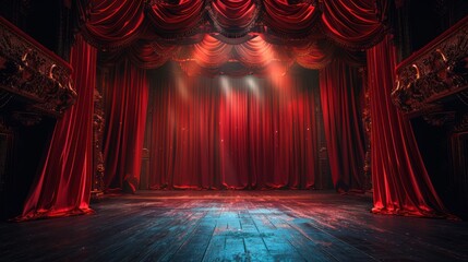Empty Theater Stage with Red Curtains and Dramatic Spotlight