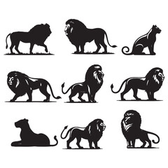 set of lions silhouettes on white	