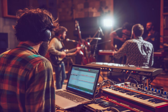 A band recording session featuring musicians performing in a professional studio is taking place