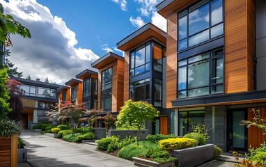 A row of buildings with trees and plants