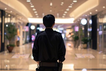 Fototapeta premium Security guard standing in a brightly lit shopping mall. Indoor photography in a commercial environment.