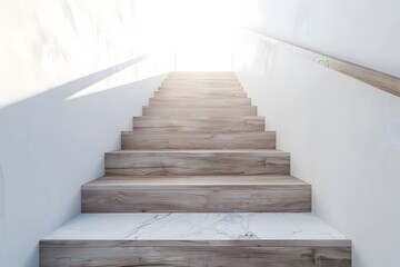 Natural finish wooden staircase set against bright white walls in modern home. Interior design concept