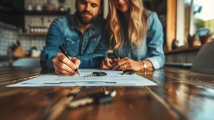 Fototapeta premium Happy homeowners signing paperwork for their new house, surrounded by keys and real estate documents