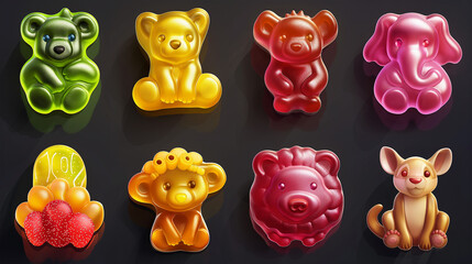 Asset of Gummy jelly candy set for video game isolation, Illustration.