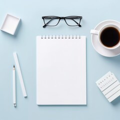 blogger working space arrangement flat lay top view of desk with a blue concept